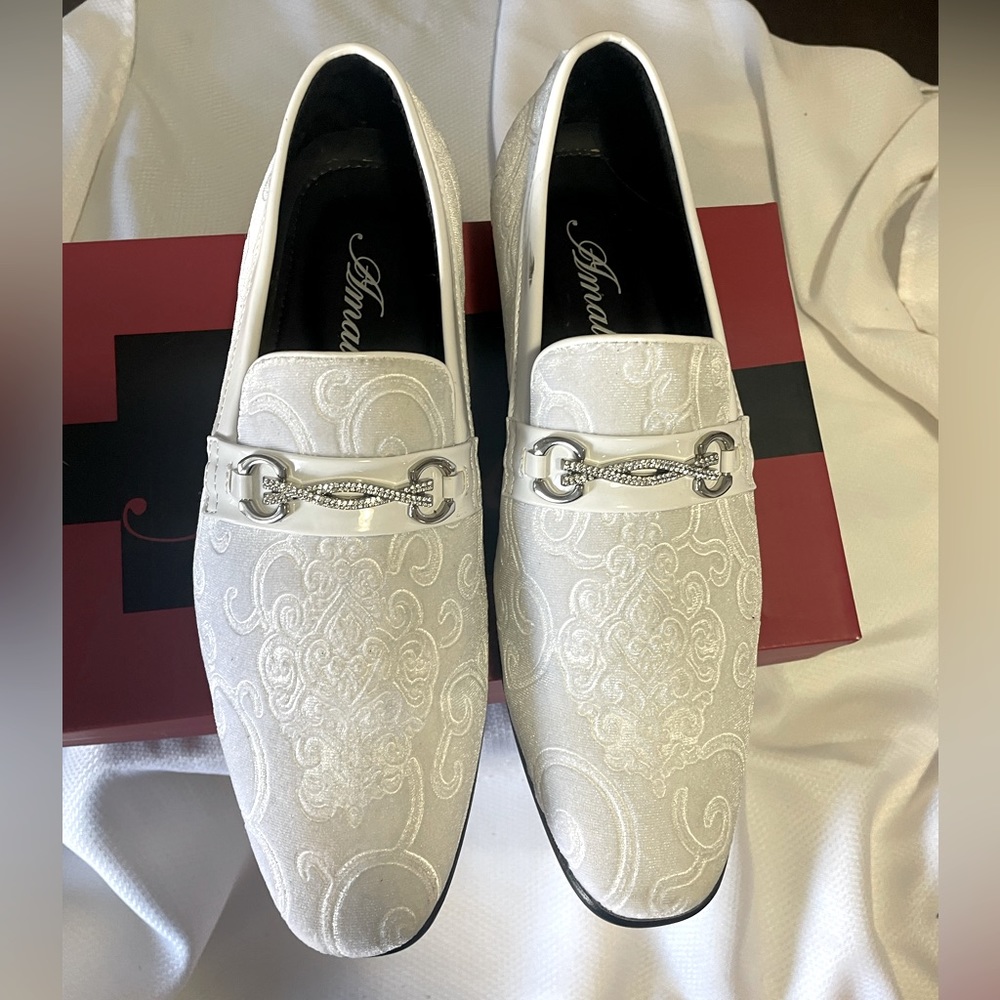 Men's White Dress Shoes -White cloth with designs, silver buckle. Worn once.